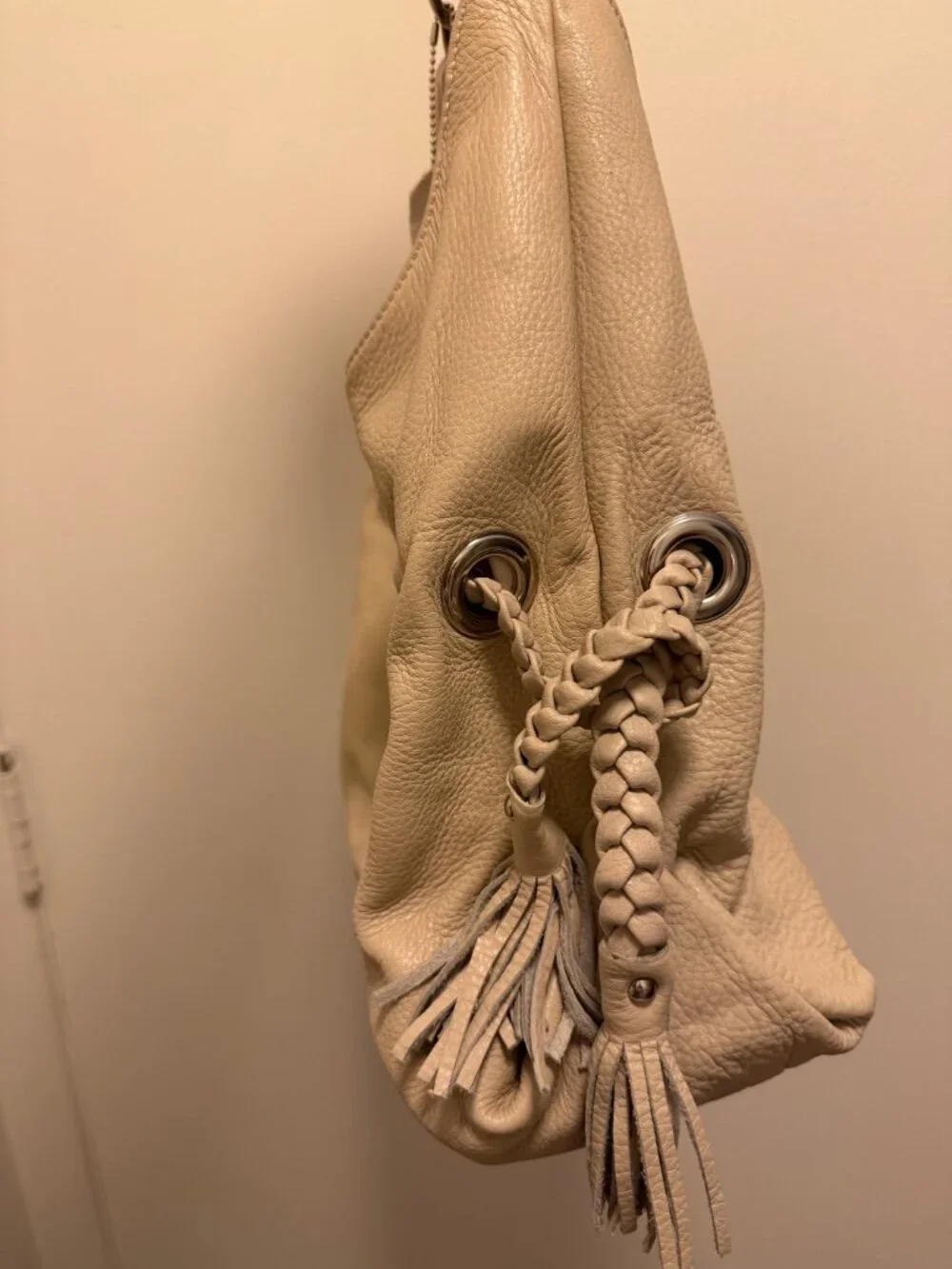 a.n.a (A New Approach) Cream/Beige Braided Tassel Slouchy Hobo Bag
